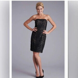 Sue Wong black strapless embellished lace cocktail dress Size 4